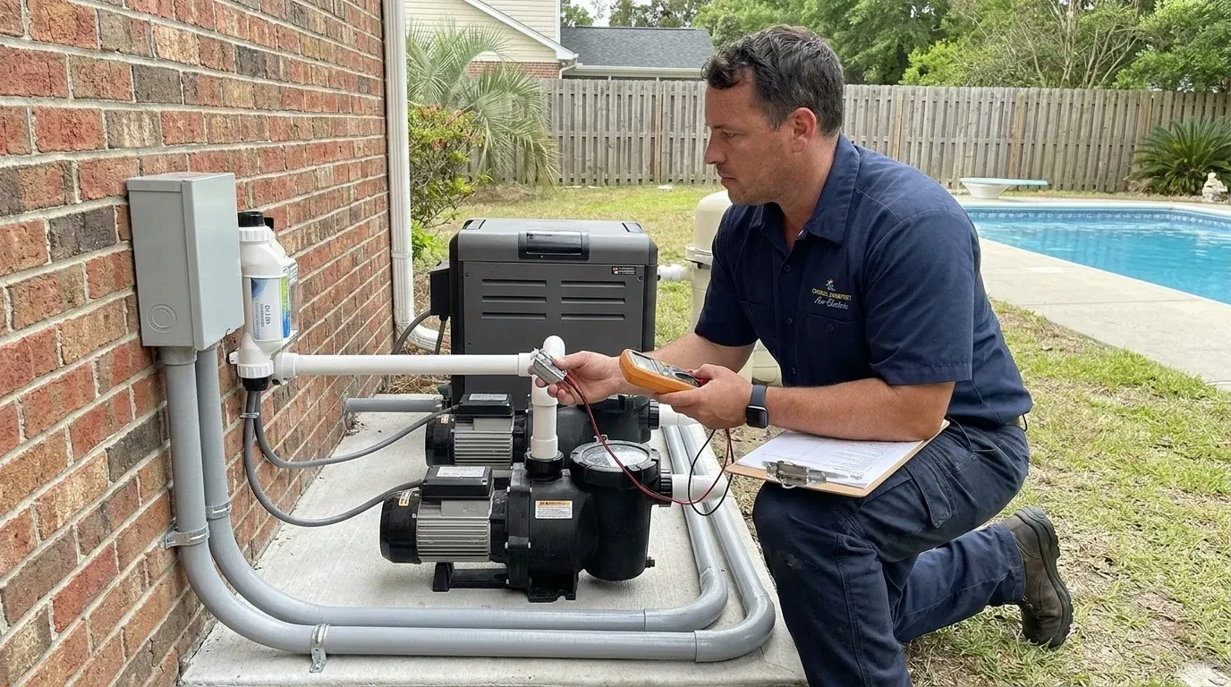 Coastal Comfort Electric technician verifying pool wiring work in a Wilmington-area home.