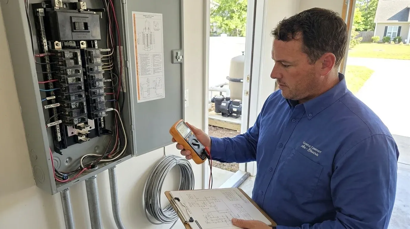 Coastal Comfort Electric technician checking electrical conditions for pool wiring at a Wilmington-area home.