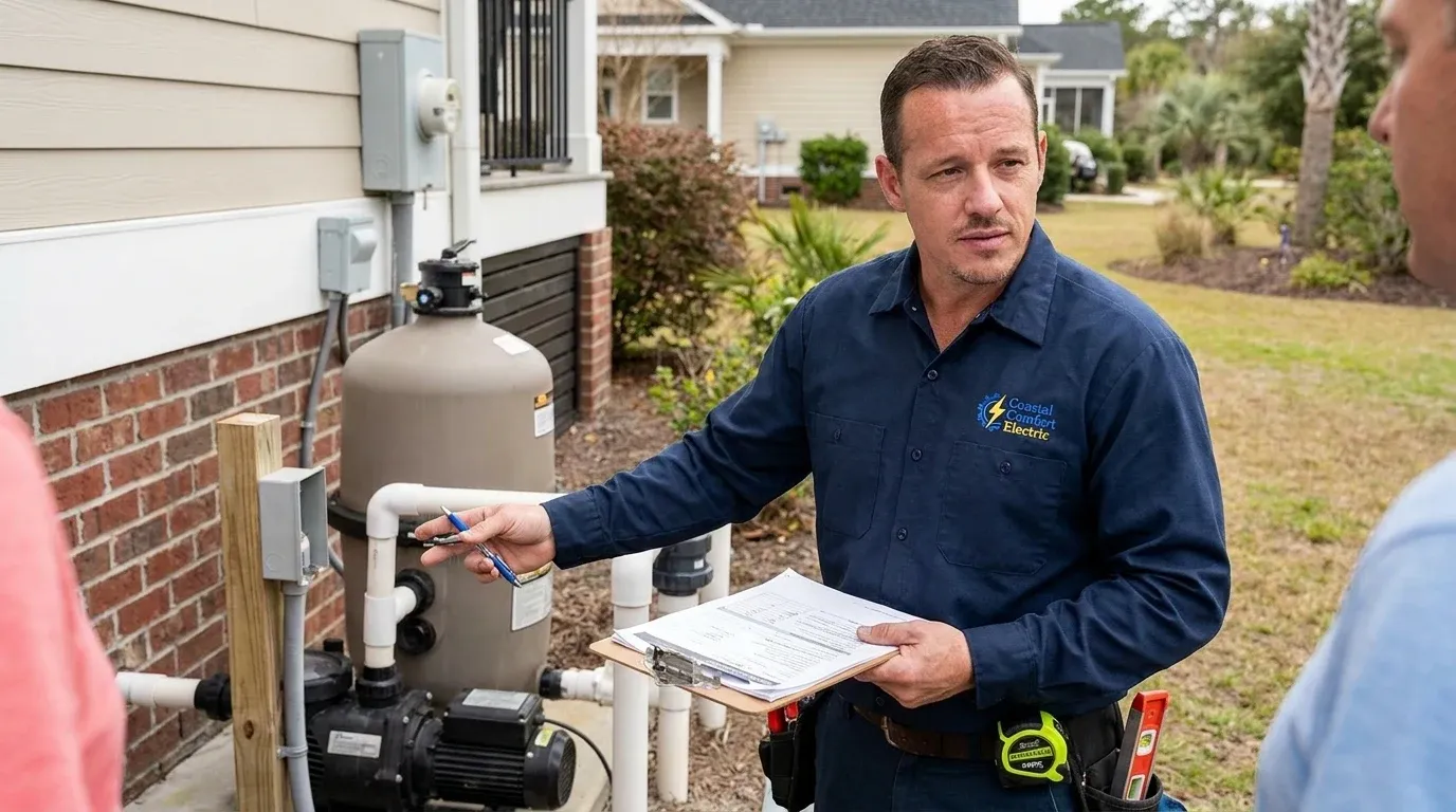Coastal Comfort Electric technician reviewing notes and materials for pool wiring planning.