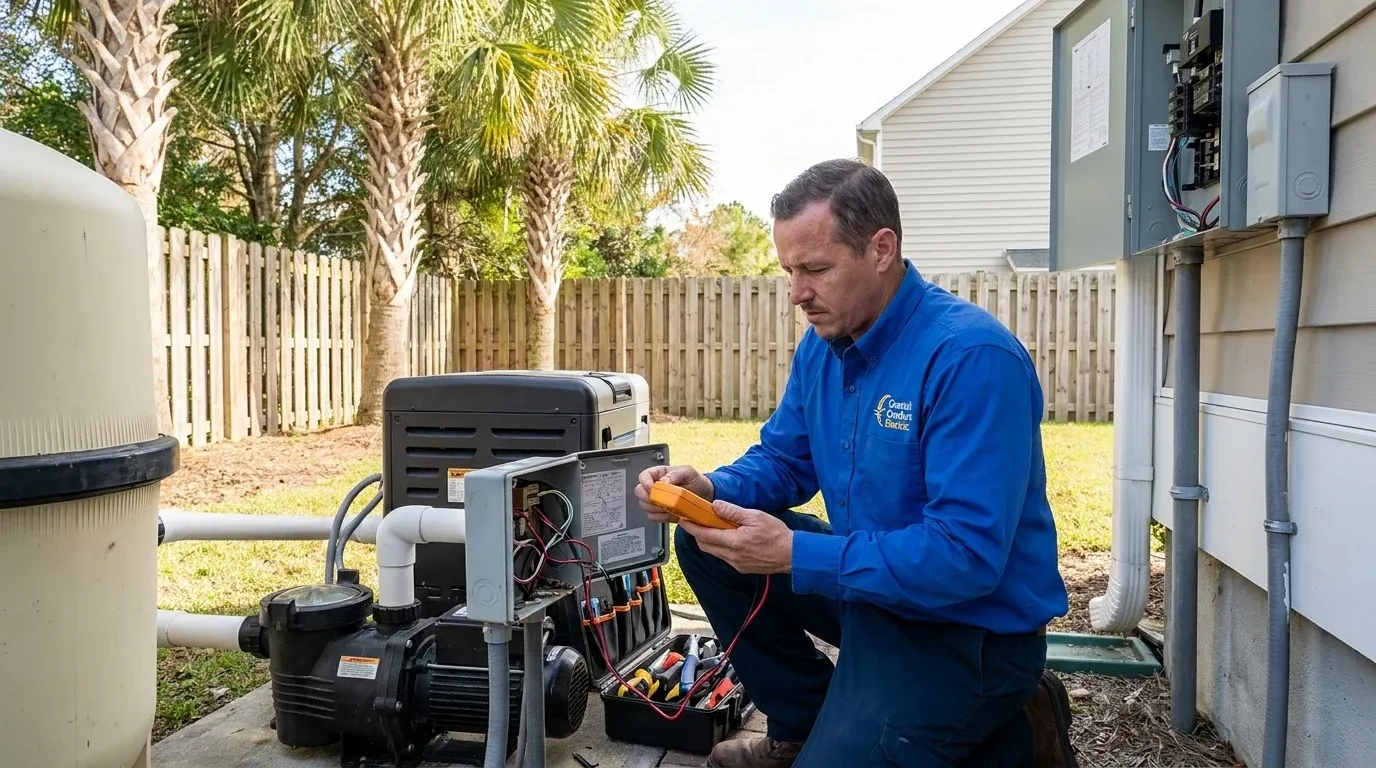 Coastal Comfort Electric technician reviewing pool wiring needs at a Wilmington-area home.