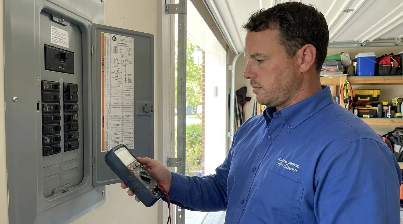 Coastal Comfort Electric technician verifying power loss troubleshooting work in a Wilmington-area home.