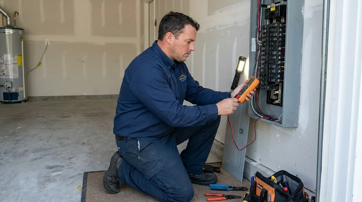 Coastal Comfort Electric Power Loss Troubleshooting Field Review Coastal Comfort Electric technician checking electrical conditions for power loss troubleshooting at a Wilmington-area home.