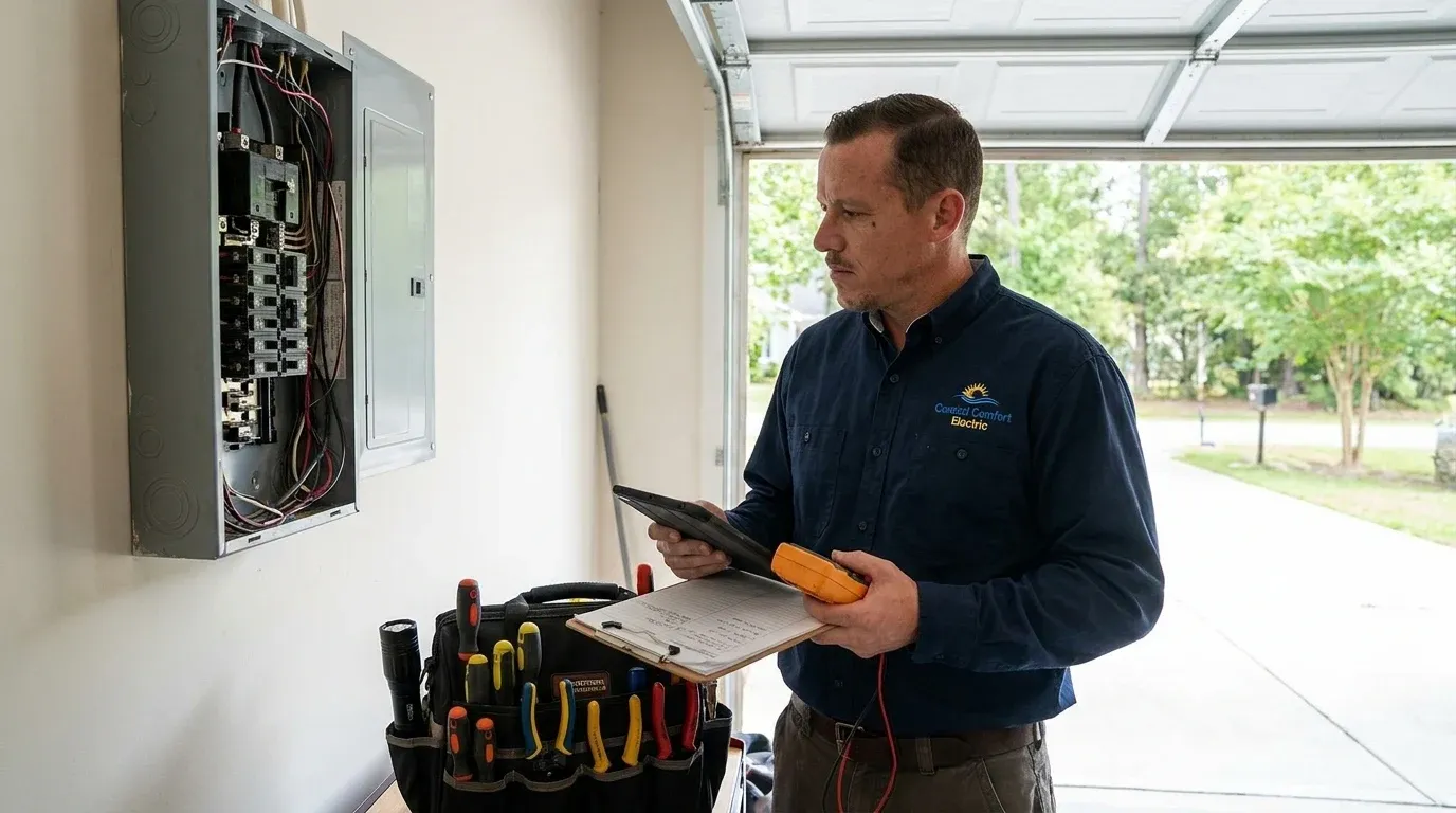 Coastal Comfort Electric Power Loss Troubleshooting Planning Coastal Comfort Electric technician reviewing notes and materials for power loss troubleshooting planning.