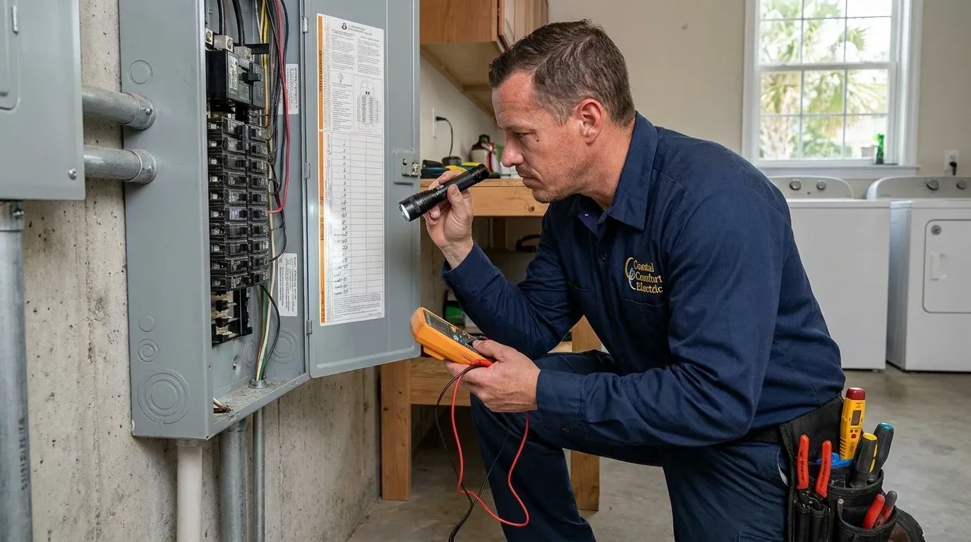 Coastal Comfort Electric technician reviewing power loss troubleshooting needs at a Wilmington-area home.