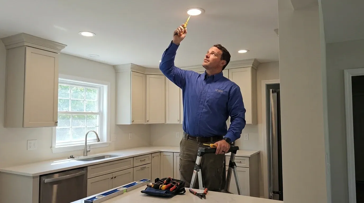 Coastal Comfort Electric technician verifying recessed lighting work in a Wilmington-area home.