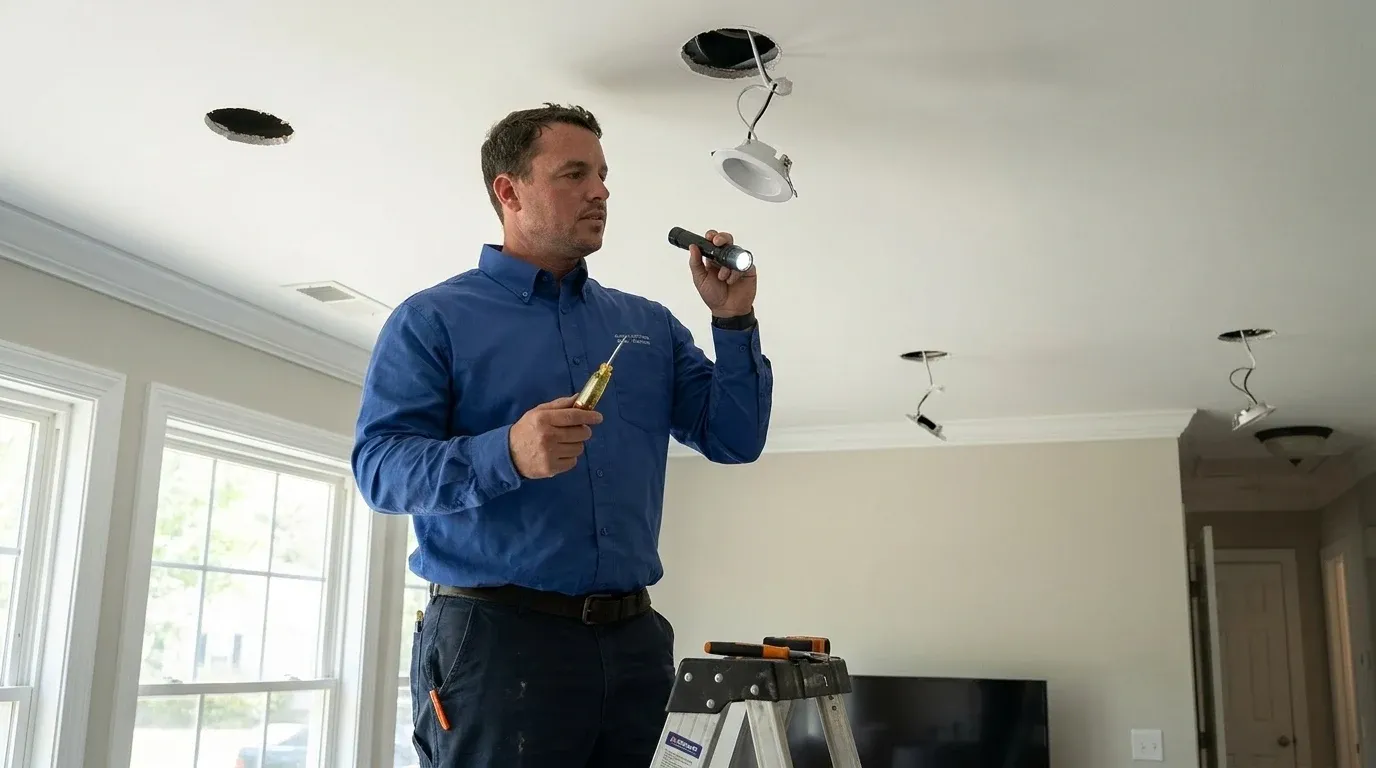 Coastal Comfort Electric Recessed Lighting Field Review Coastal Comfort Electric technician checking electrical conditions for recessed lighting at a Wilmington-area home.