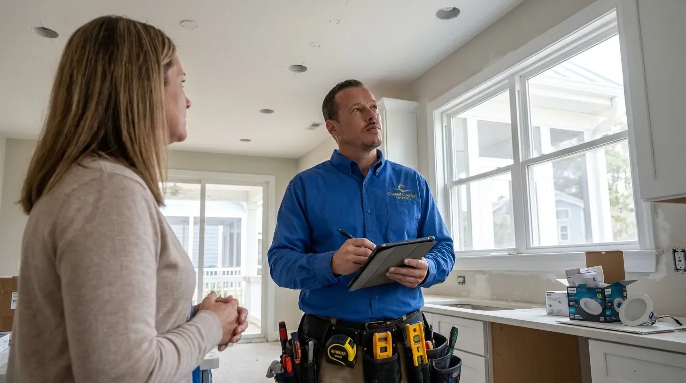 Coastal Comfort Electric Recessed Lighting Planning Coastal Comfort Electric technician reviewing notes and materials for recessed lighting planning.