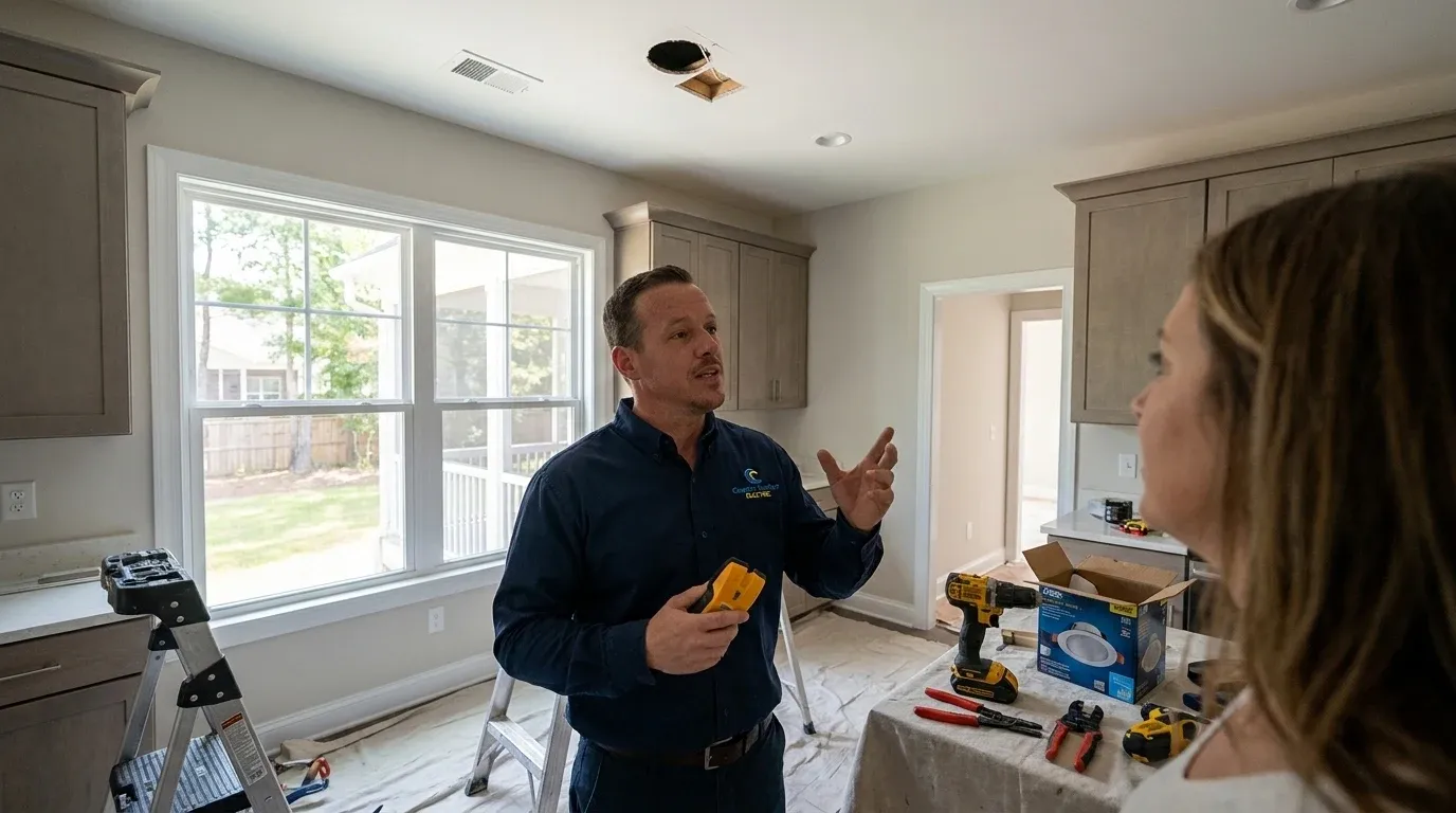 Coastal Comfort Electric technician reviewing recessed lighting needs at a Wilmington-area home.