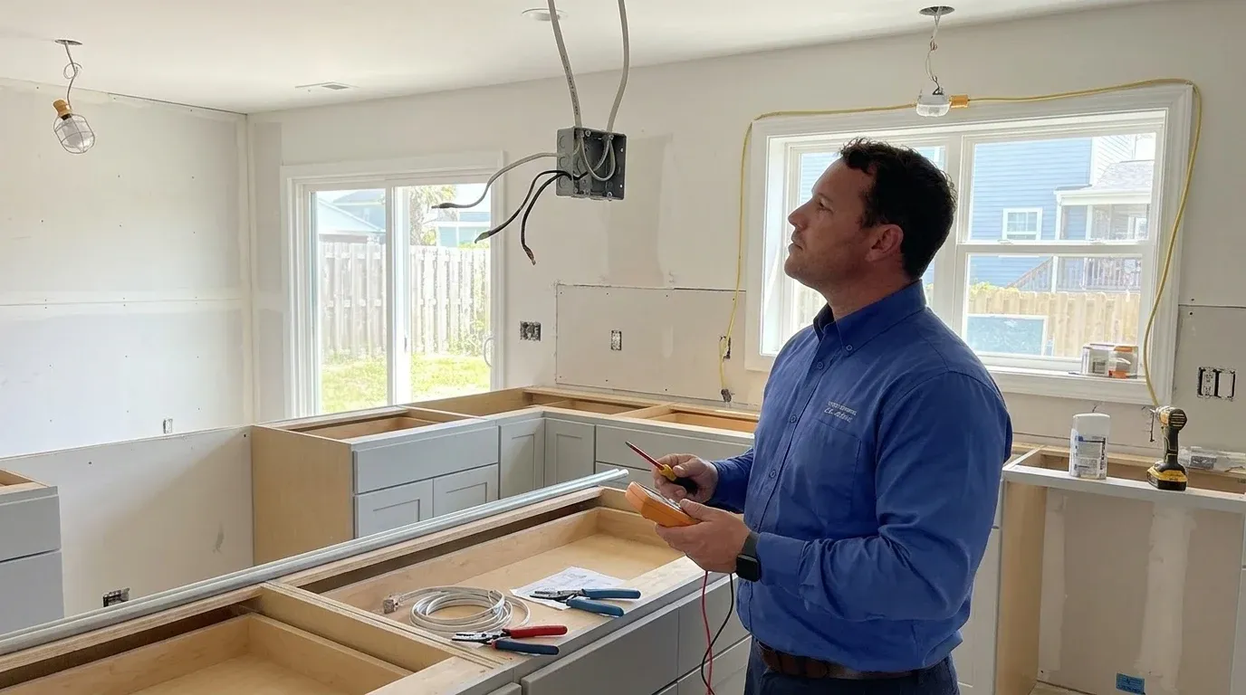 Coastal Comfort Electric technician verifying remodel electrical work in a Wilmington-area home.