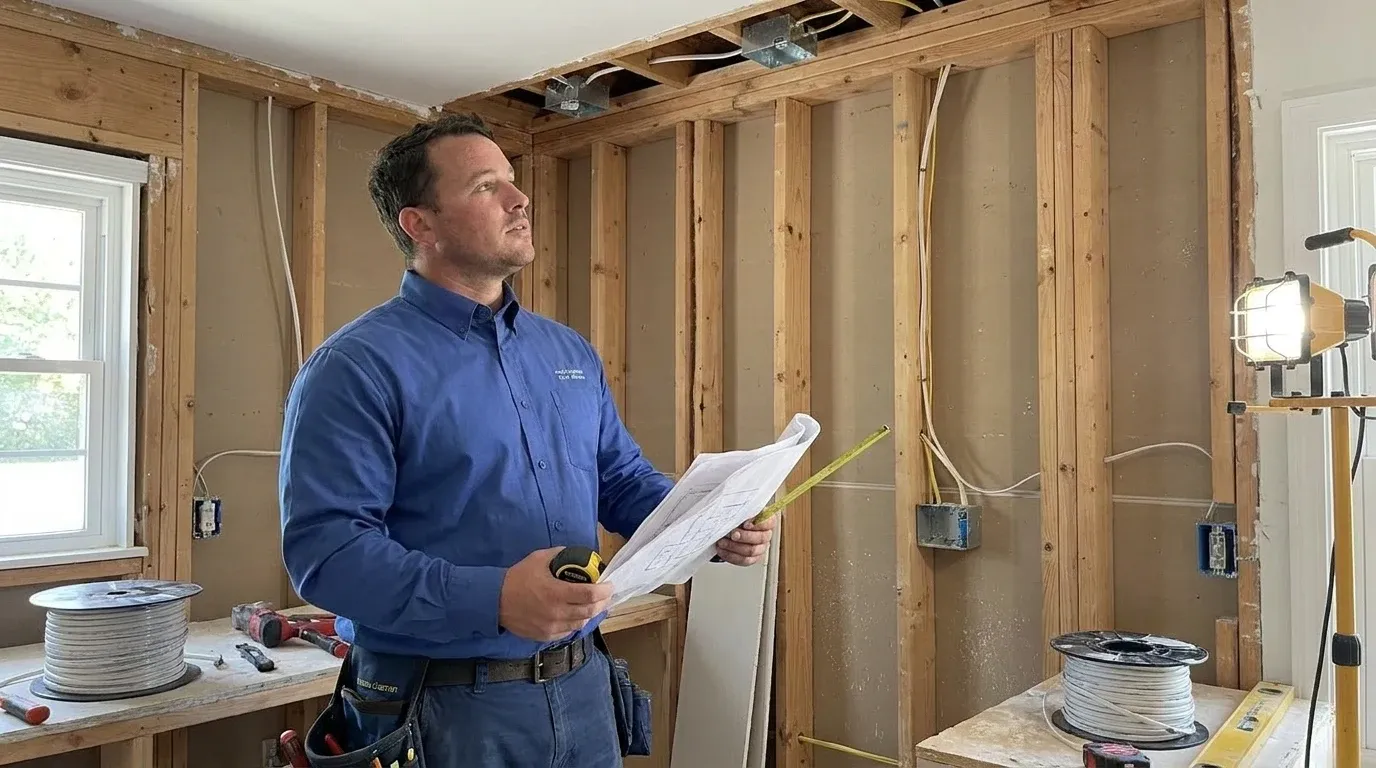 Coastal Comfort Electric Remodel Electrical Work Field Review Coastal Comfort Electric technician checking electrical conditions for remodel electrical work at a Wilmington-area home.