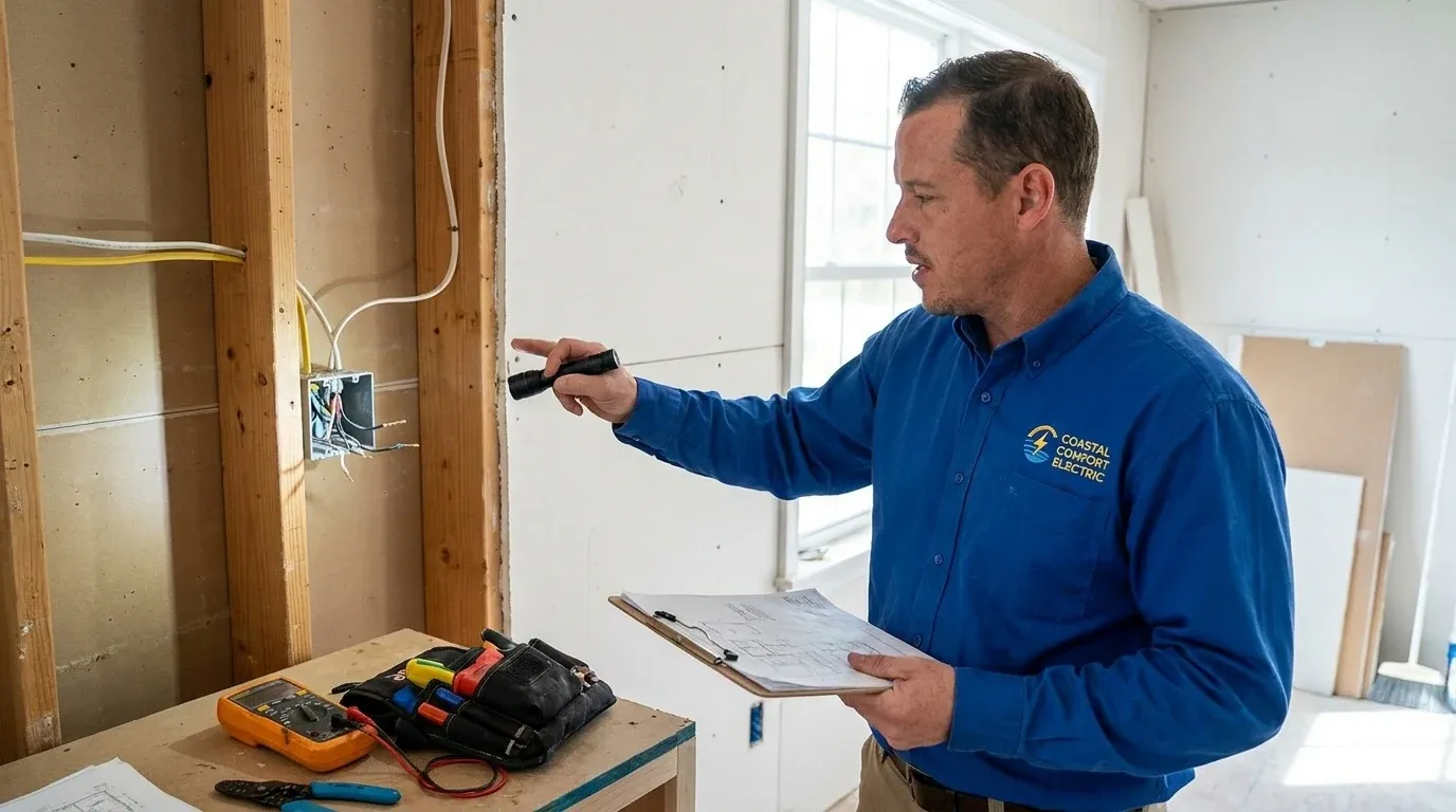 Coastal Comfort Electric Remodel Electrical Work Planning Coastal Comfort Electric technician reviewing notes and materials for remodel electrical work planning.