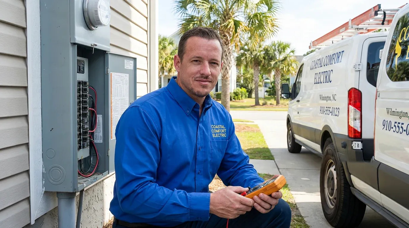 Coastal Comfort Electric technician reviewing remodel electrical work needs at a Wilmington-area home.