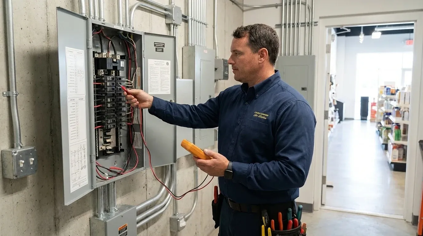 Coastal Comfort Electric technician verifying retail electrical services work in a Wilmington-area commercial property.