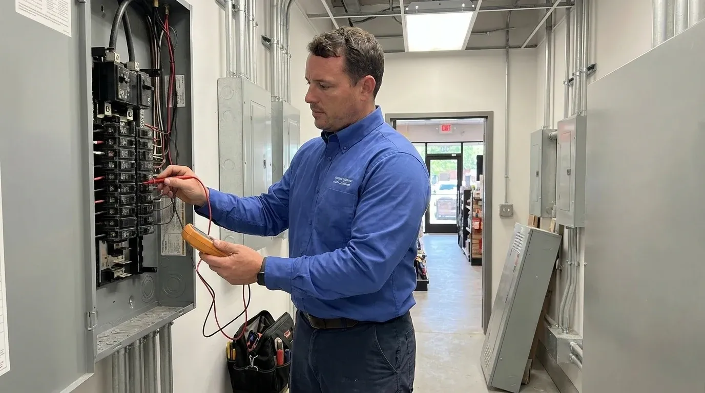 Coastal Comfort Electric technician checking electrical conditions for retail electrical services at a Wilmington-area commercial property.