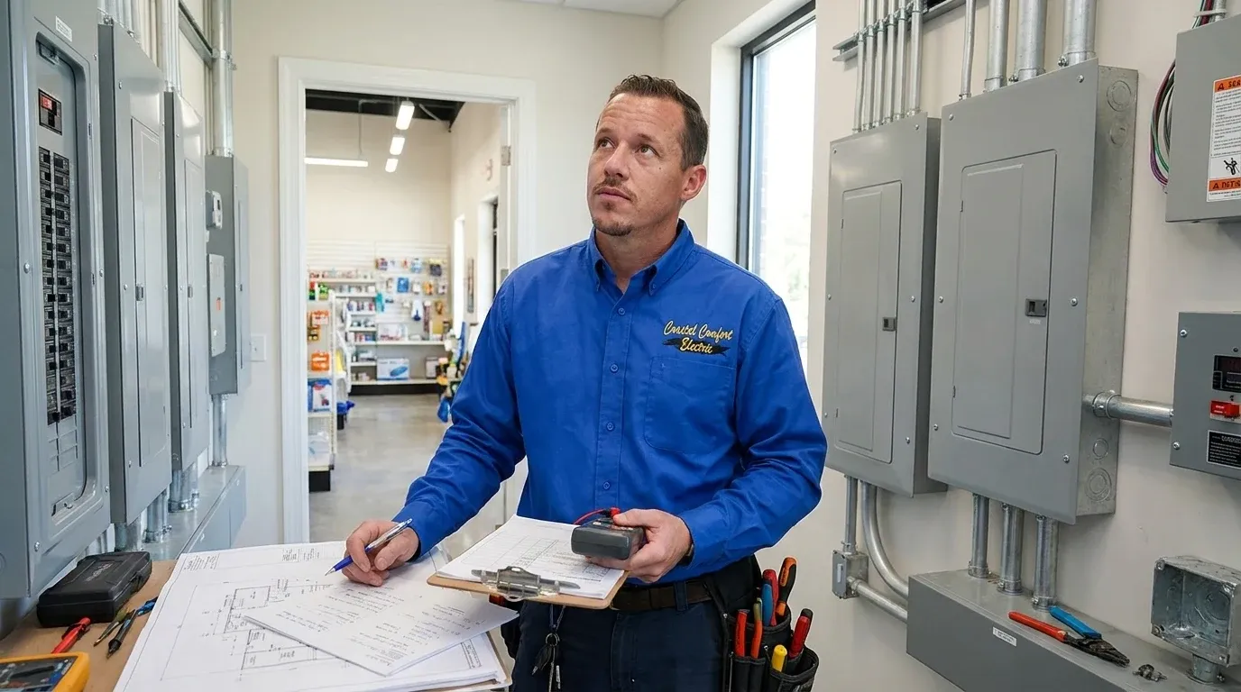 Coastal Comfort Electric technician reviewing notes and materials for retail electrical services planning.