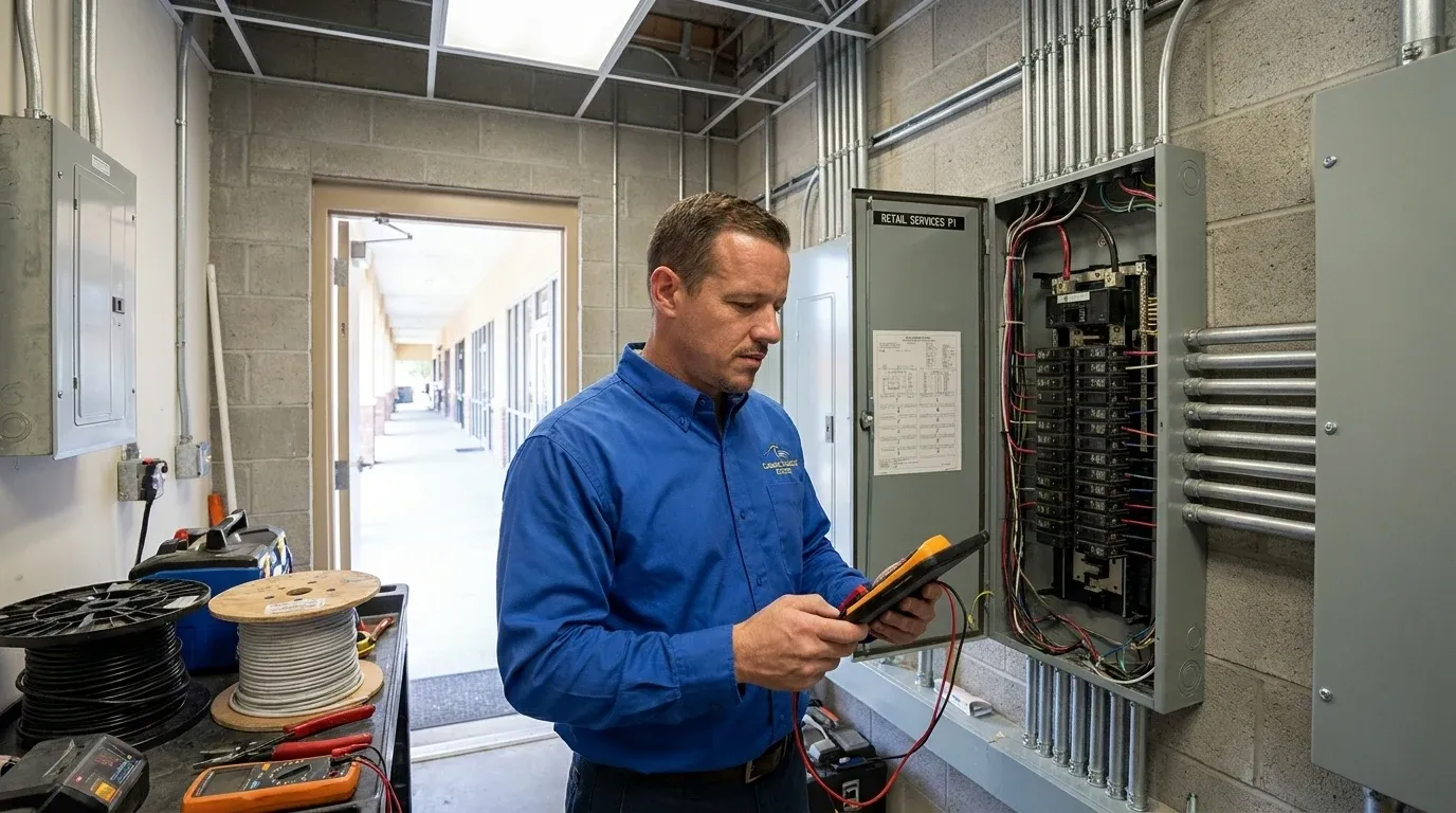 Coastal Comfort Electric technician reviewing retail electrical services needs at a Wilmington-area commercial property.