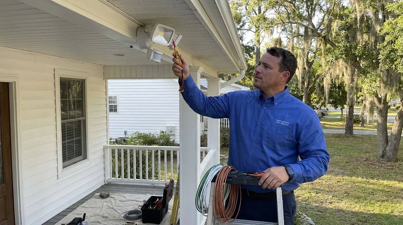 Coastal Comfort Electric technician verifying security lighting work in a Wilmington-area home.