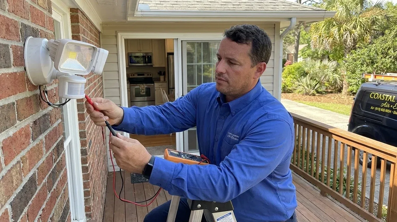 Coastal Comfort Electric Security Lighting Field Review Coastal Comfort Electric technician checking electrical conditions for security lighting at a Wilmington-area home.