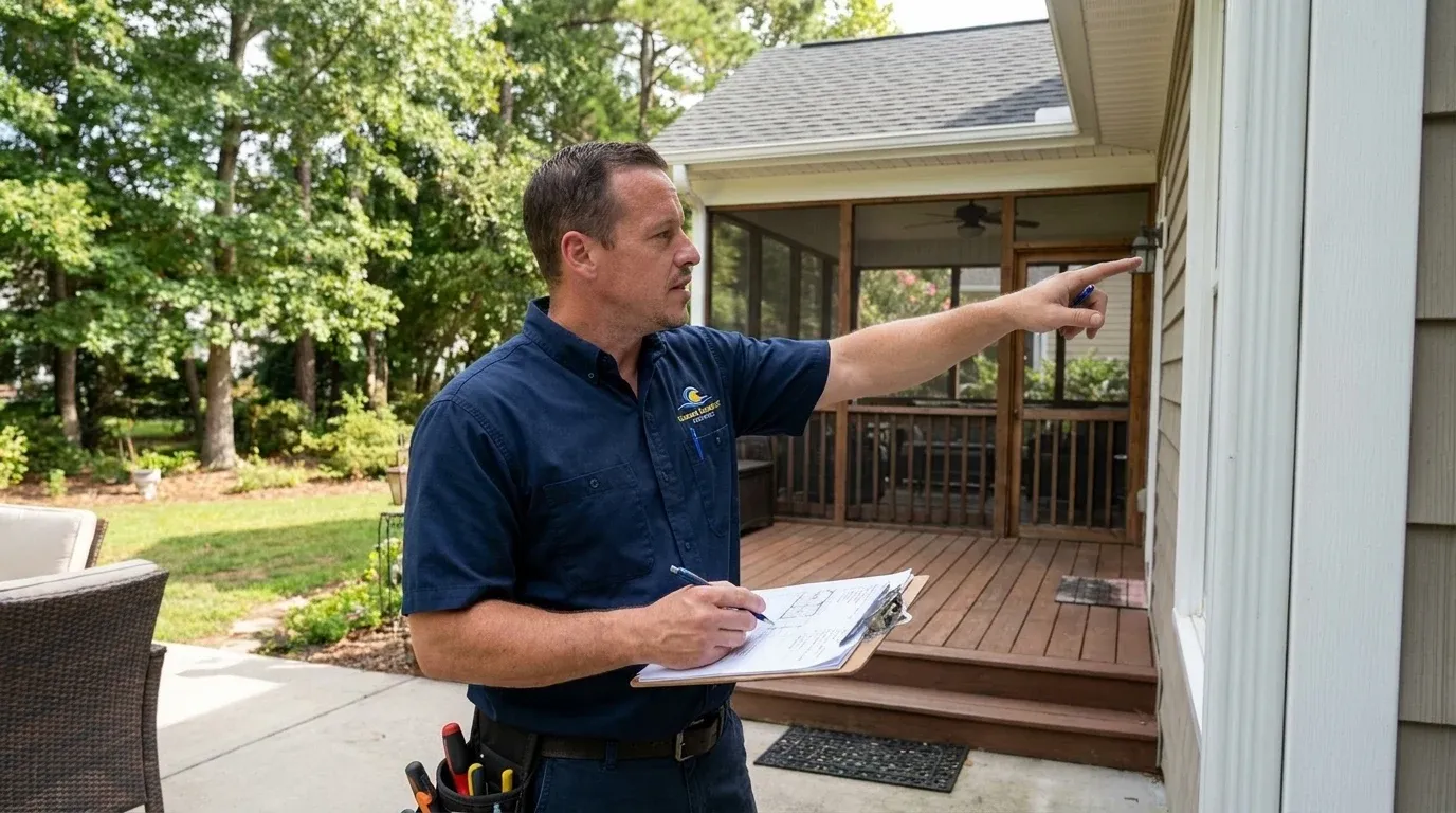 Coastal Comfort Electric Security Lighting Planning Coastal Comfort Electric technician reviewing notes and materials for security lighting planning.