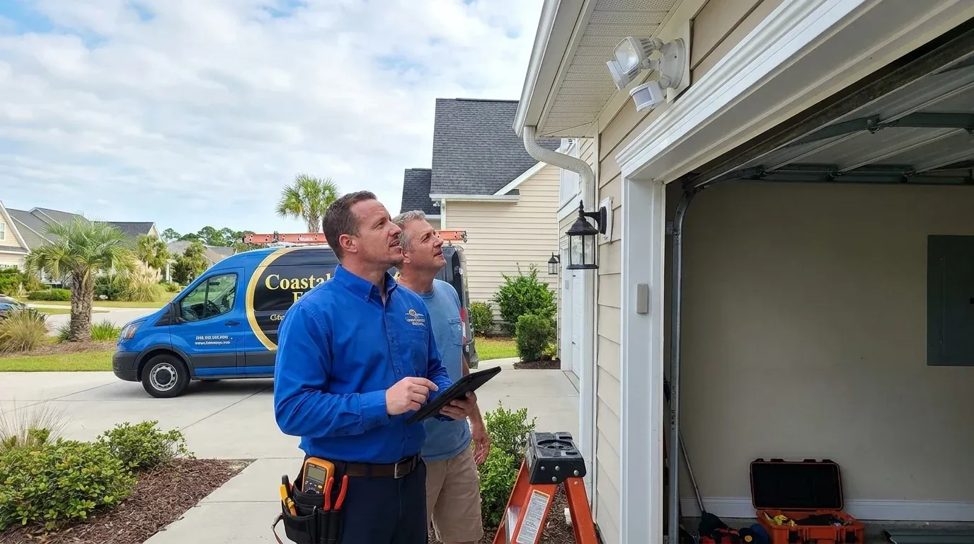 Coastal Comfort Electric technician reviewing security lighting needs at a Wilmington-area home.