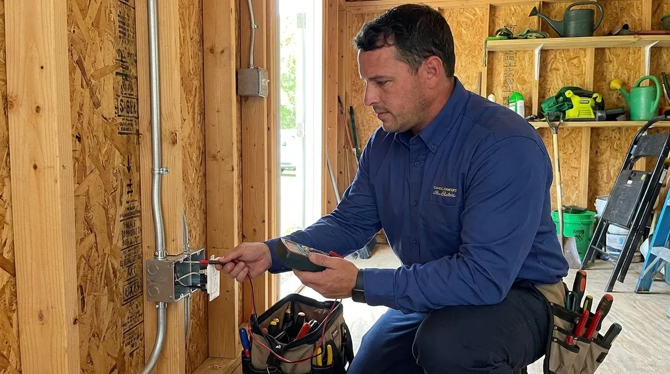 Coastal Comfort Electric technician verifying shed electrical wiring work in a Wilmington-area home.