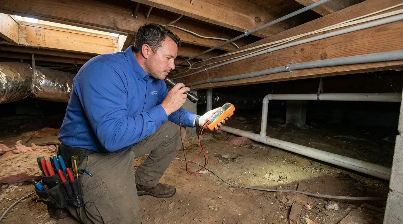 Coastal Comfort Electric Shed Electrical Wiring Field Review Coastal Comfort Electric technician checking electrical conditions for shed electrical wiring at a Wilmington-area home.