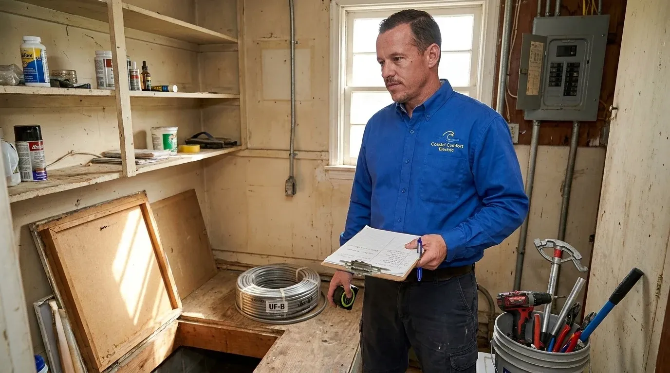 Coastal Comfort Electric Shed Electrical Wiring Planning Coastal Comfort Electric technician reviewing notes and materials for shed electrical wiring planning.