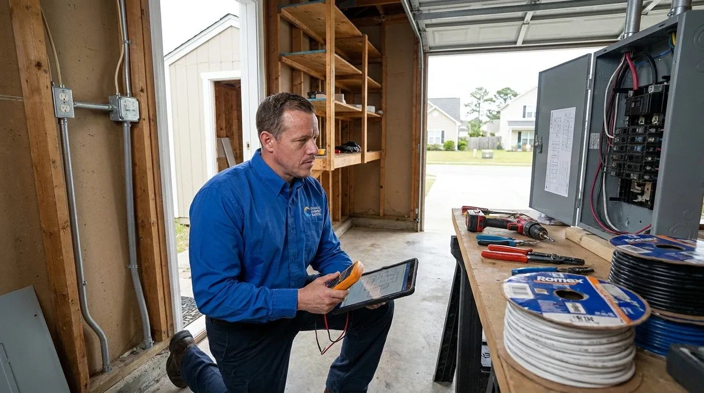 Coastal Comfort Electric technician reviewing shed electrical wiring needs at a Wilmington-area home.
