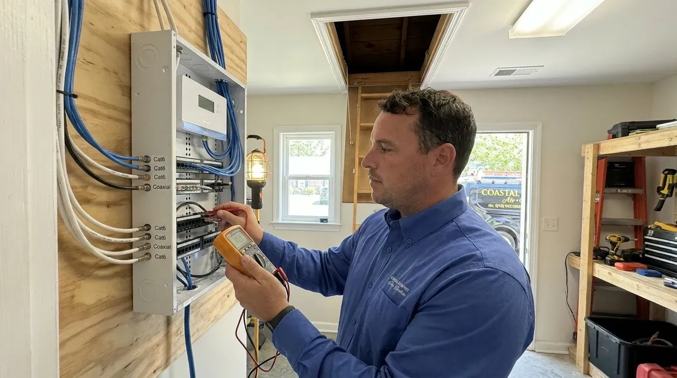 Coastal Comfort Electric technician verifying smart home wiring work in a Wilmington-area home.