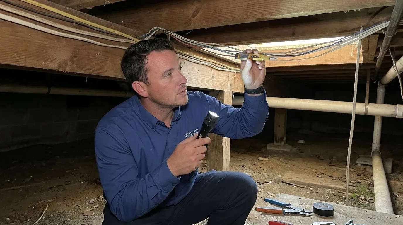 Coastal Comfort Electric Smart Home Wiring Field Review Coastal Comfort Electric technician checking electrical conditions for smart home wiring at a Wilmington-area home.