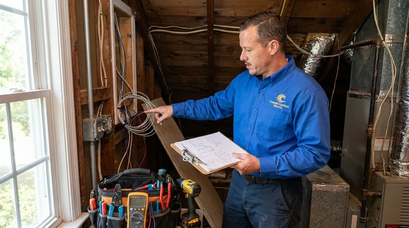 Coastal Comfort Electric Smart Home Wiring Planning Coastal Comfort Electric technician reviewing notes and materials for smart home wiring planning.