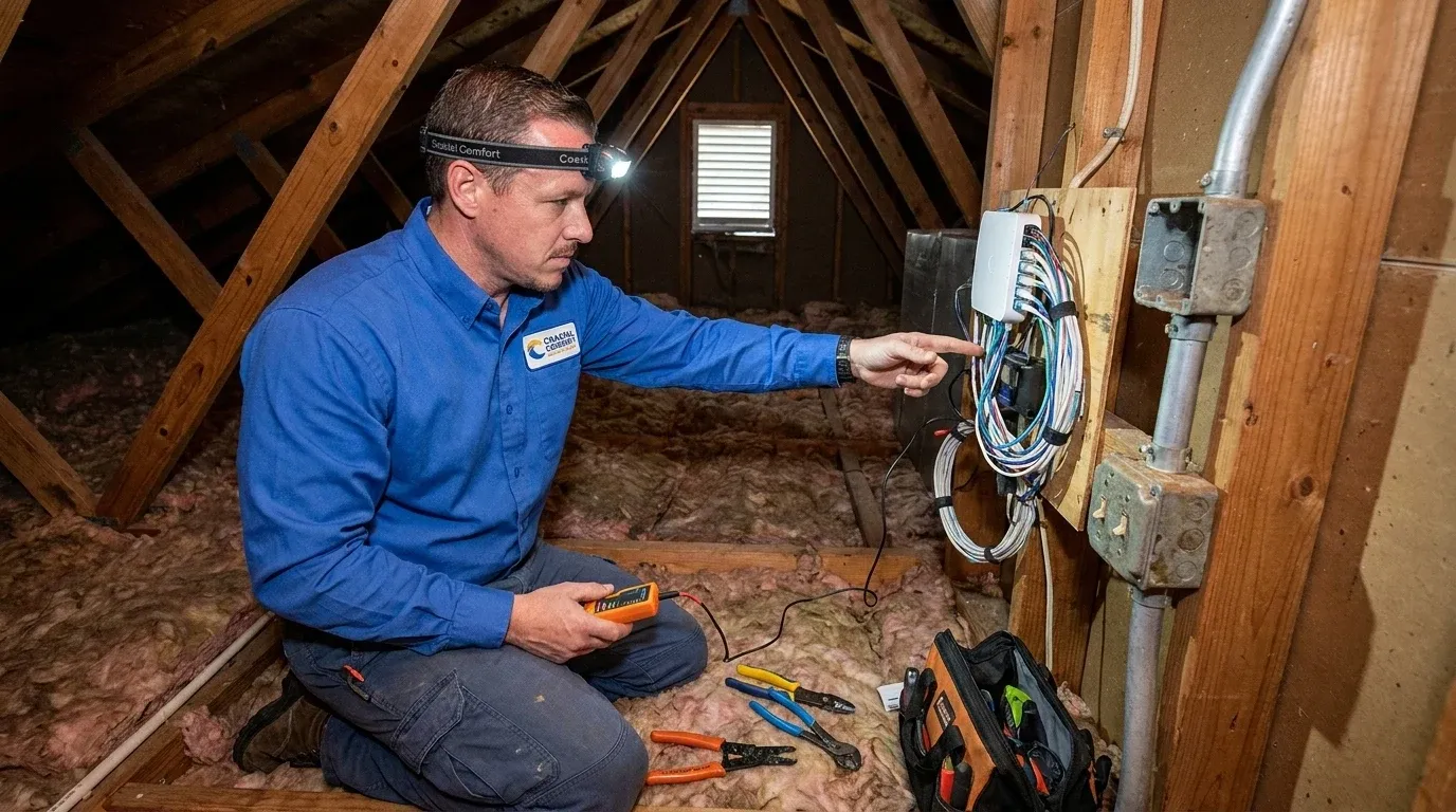 Coastal Comfort Electric technician reviewing smart home wiring needs at a Wilmington-area home.