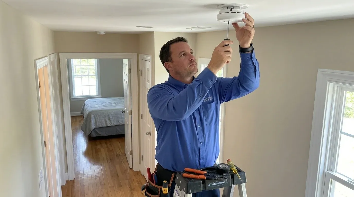Coastal Comfort Electric technician verifying smoke detector installation work in a Wilmington-area home.