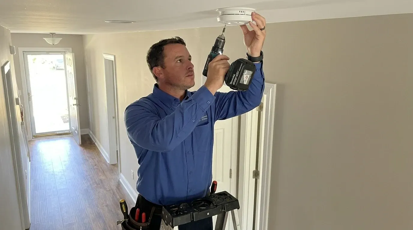 Coastal Comfort Electric Smoke Detector Installation Field Review Coastal Comfort Electric technician checking electrical conditions for smoke detector installation at a Wilmington-area home.