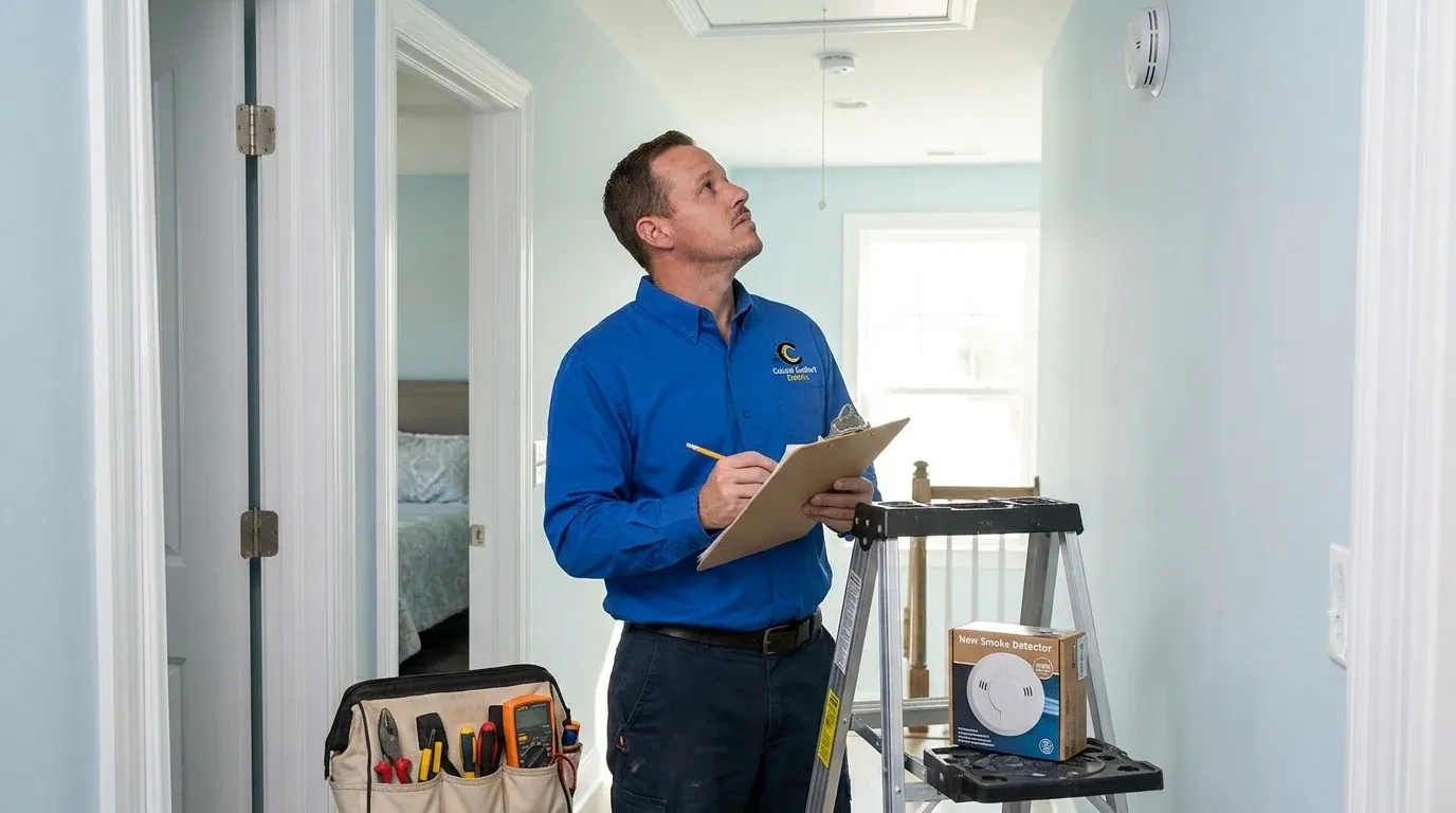 Coastal Comfort Electric Smoke Detector Installation Planning Coastal Comfort Electric technician reviewing notes and materials for smoke detector installation planning.