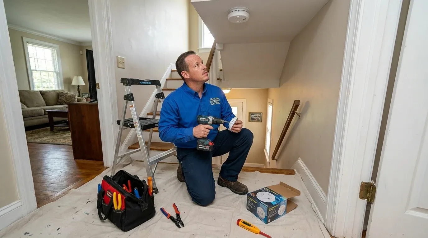 Coastal Comfort Electric technician reviewing smoke detector installation needs at a Wilmington-area home.
