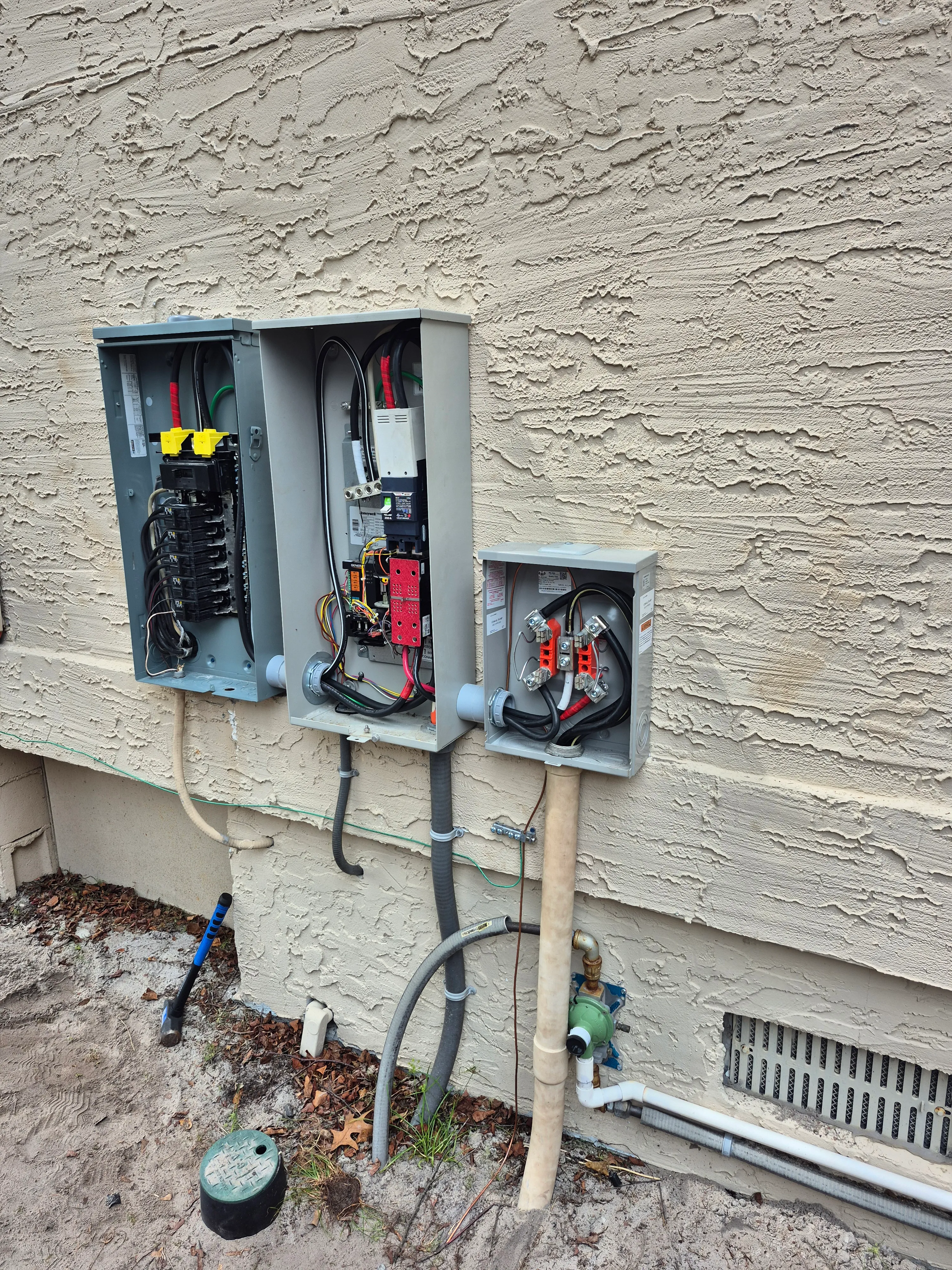 Standby generator wiring reviewed before corrections at a Leland, NC home.