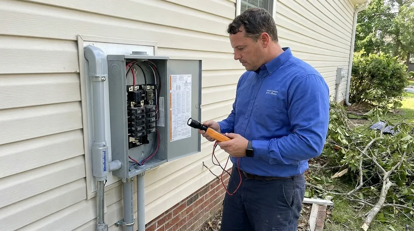 Coastal Comfort Electric technician verifying storm damage electrical repair work in a Wilmington-area home.