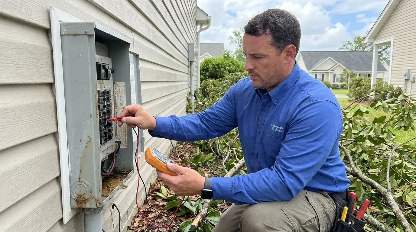 Coastal Comfort Electric Storm Damage Electrical Repair Field Review Coastal Comfort Electric technician checking electrical conditions for storm damage electrical repair at a Wilmington-area home.