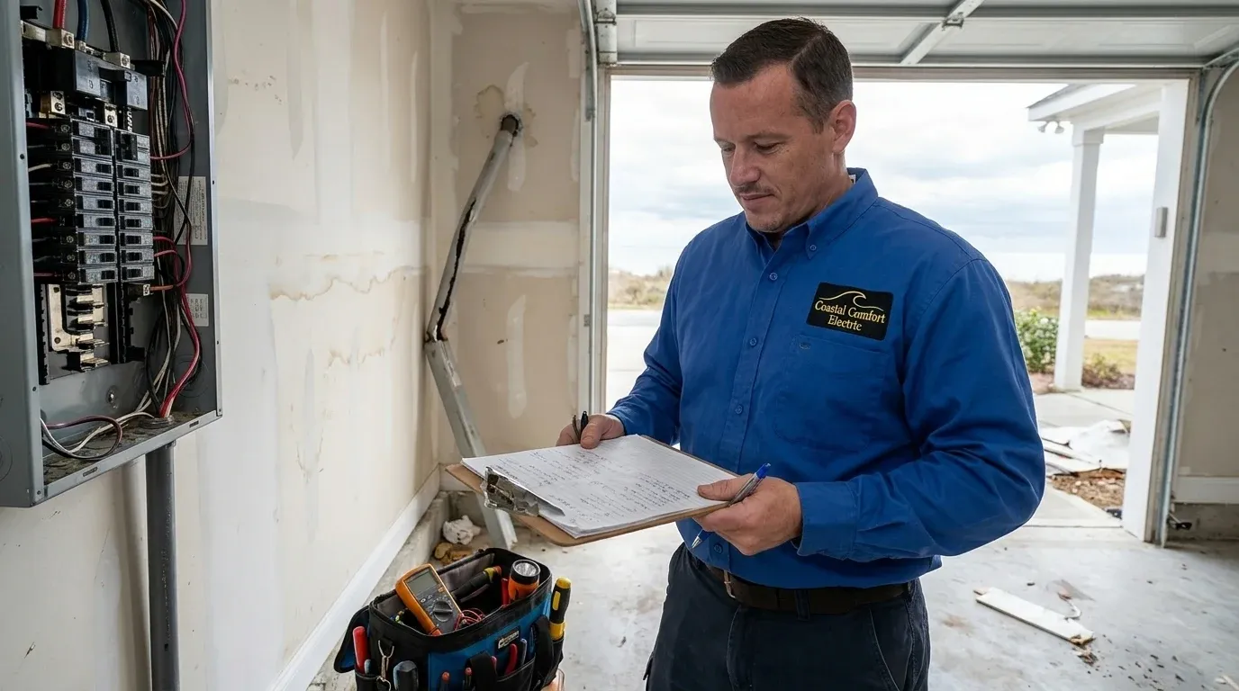 Coastal Comfort Electric Storm Damage Electrical Repair Planning Coastal Comfort Electric technician reviewing notes and materials for storm damage electrical repair planning.