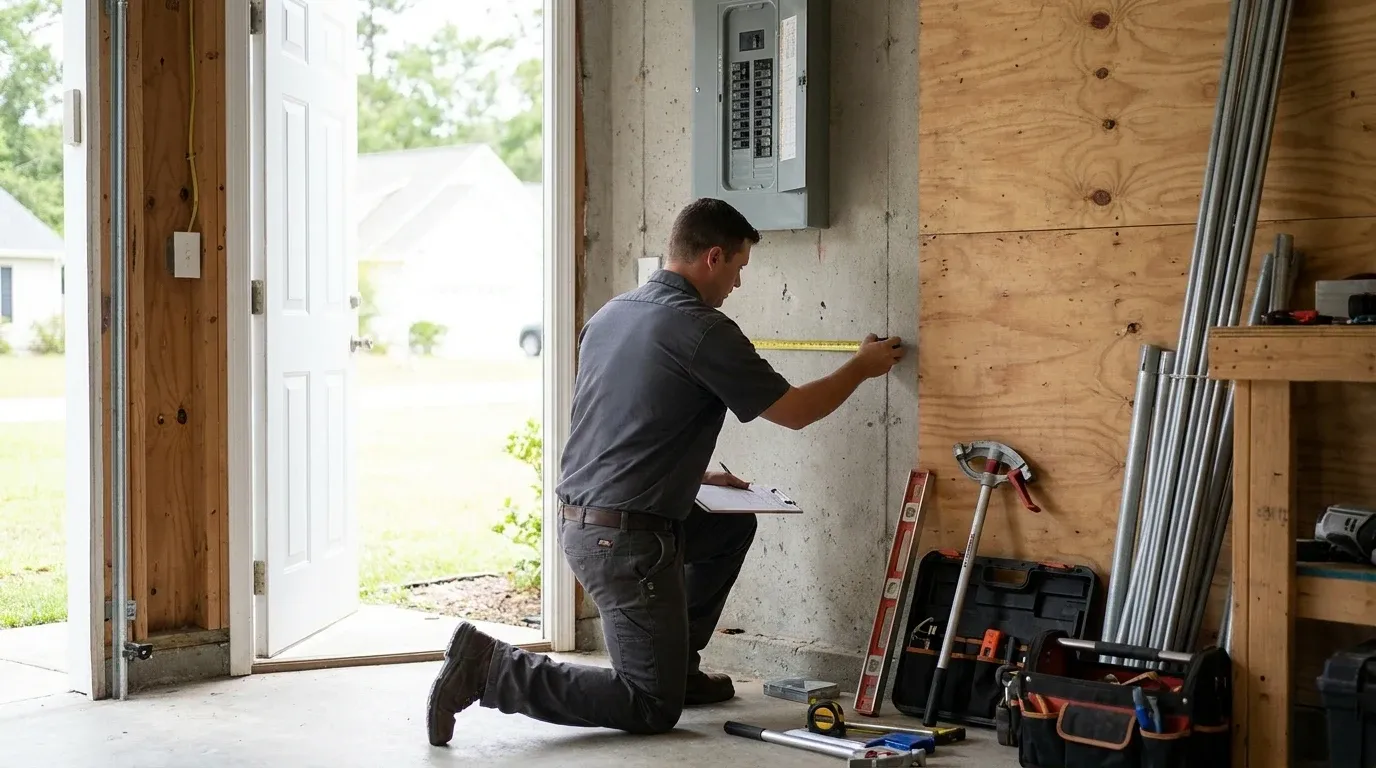 Coastal Comfort Electric technician reviewing subpanel installation needs in a Wilmington-area home.