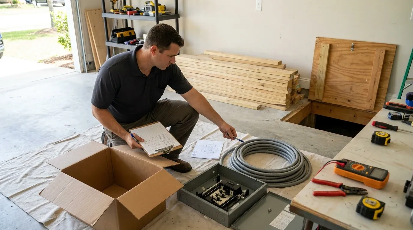 Coastal Comfort Electric Subpanel Installation Planning Coastal Comfort Electric technician reviewing notes for subpanel installation planning.