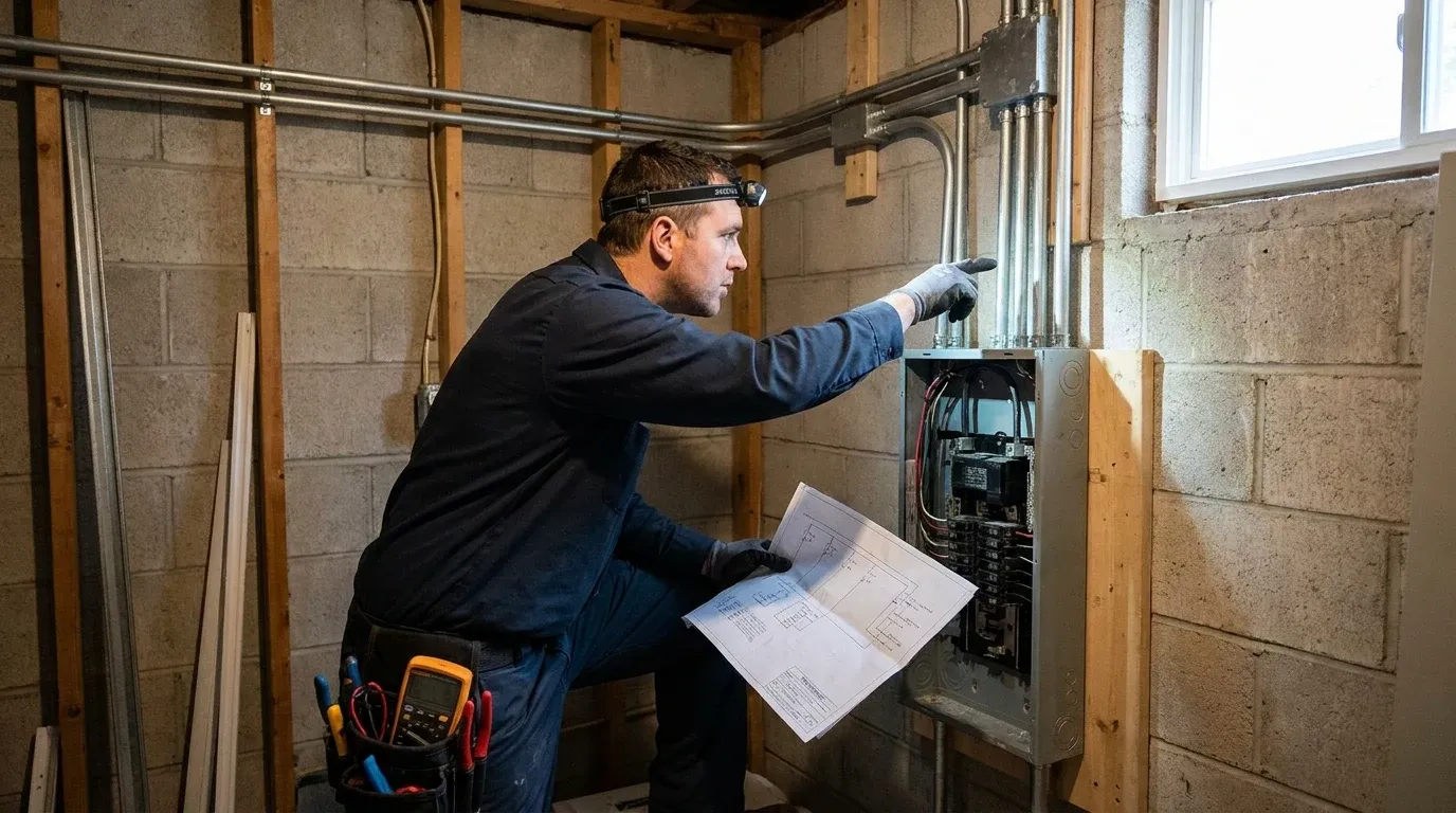 Coastal Comfort Electric Subpanel Installation Scope Review Coastal Comfort Electric technician checking residential electrical conditions for subpanel installation.