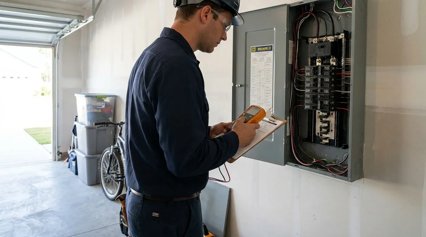 Coastal Comfort Electric Subpanel Installation Verification Coastal Comfort Electric technician verifying subpanel installation work in a residential utility area.