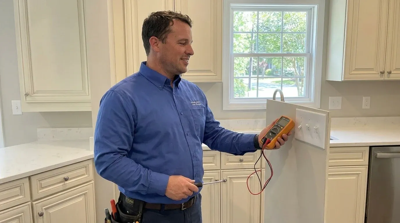 Coastal Comfort Electric technician verifying switch installation work in a Wilmington-area home.