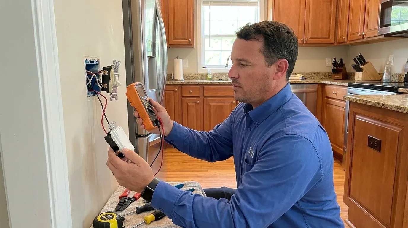 Coastal Comfort Electric Switch Installation Field Review Coastal Comfort Electric technician checking electrical conditions for switch installation at a Wilmington-area home.
