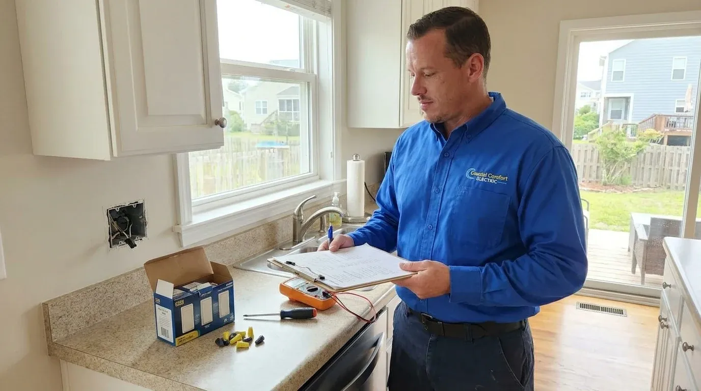 Coastal Comfort Electric Switch Installation Planning Coastal Comfort Electric technician reviewing notes and materials for switch installation planning.