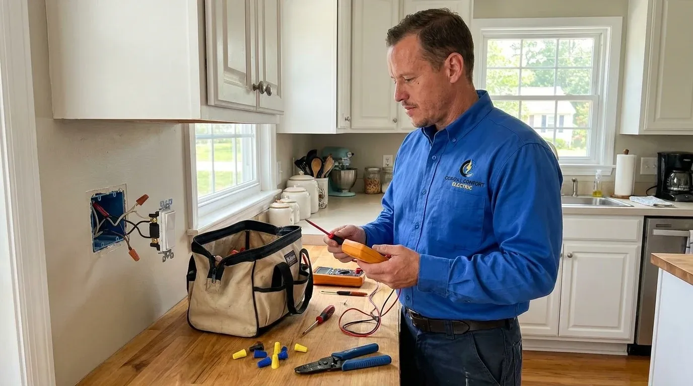 Coastal Comfort Electric technician reviewing switch installation needs at a Wilmington-area home.