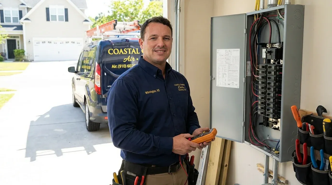 Coastal Comfort Electric Tenant Improvement Electrical Verification Coastal Comfort Electric technician verifying tenant improvement electrical work in a Wilmington-area commercial property.