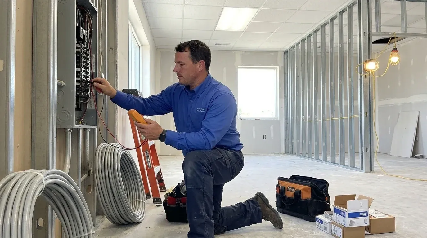 Coastal Comfort Electric Tenant Improvement Electrical Field Review Coastal Comfort Electric technician checking electrical conditions for tenant improvement electrical at a Wilmington-area commercial property.